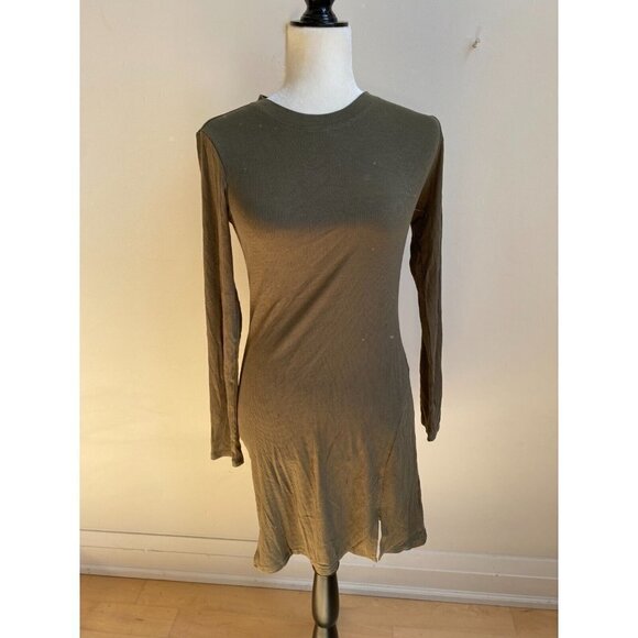BP Women Fitted Ribbed Olive Dress BNWOT Sz XSmall Front Slit Long Sleeve - Picture 2 of 8